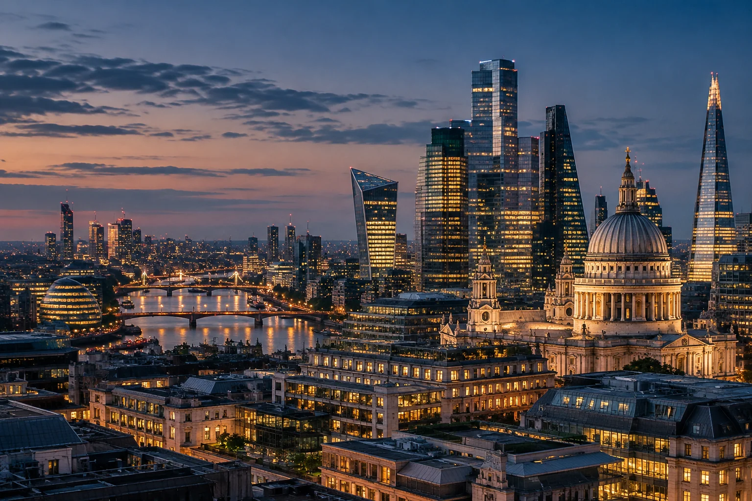Panoramic London city skyline after sunset