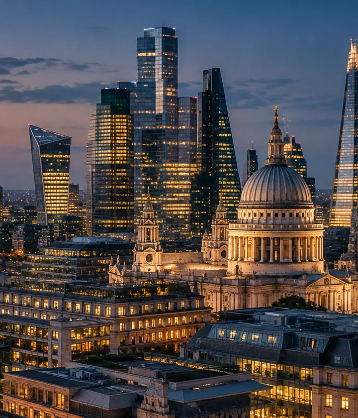 London skyline at dusk, looking across St Paul's Cathedral and modern city towers